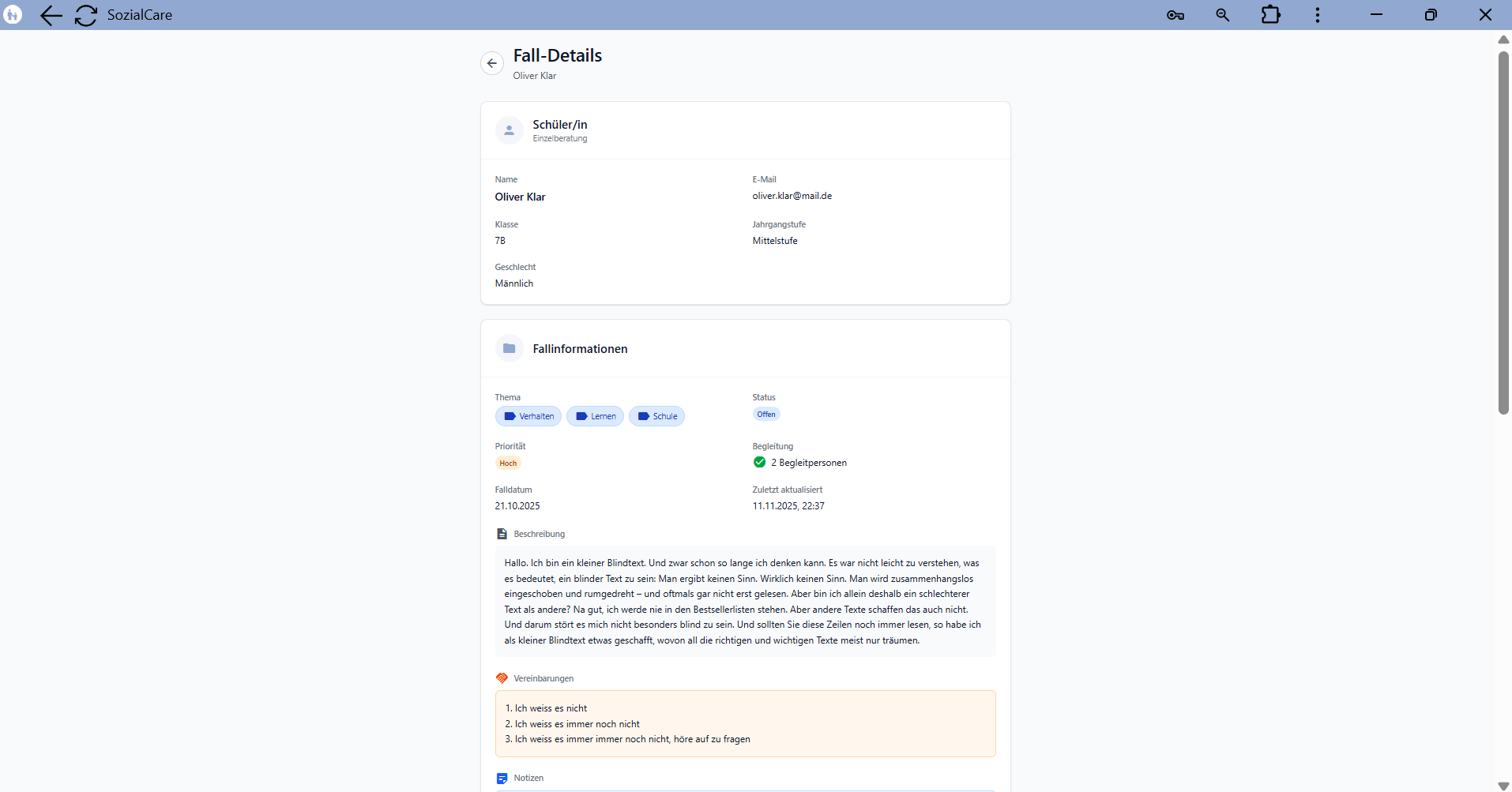 Individual case detail view