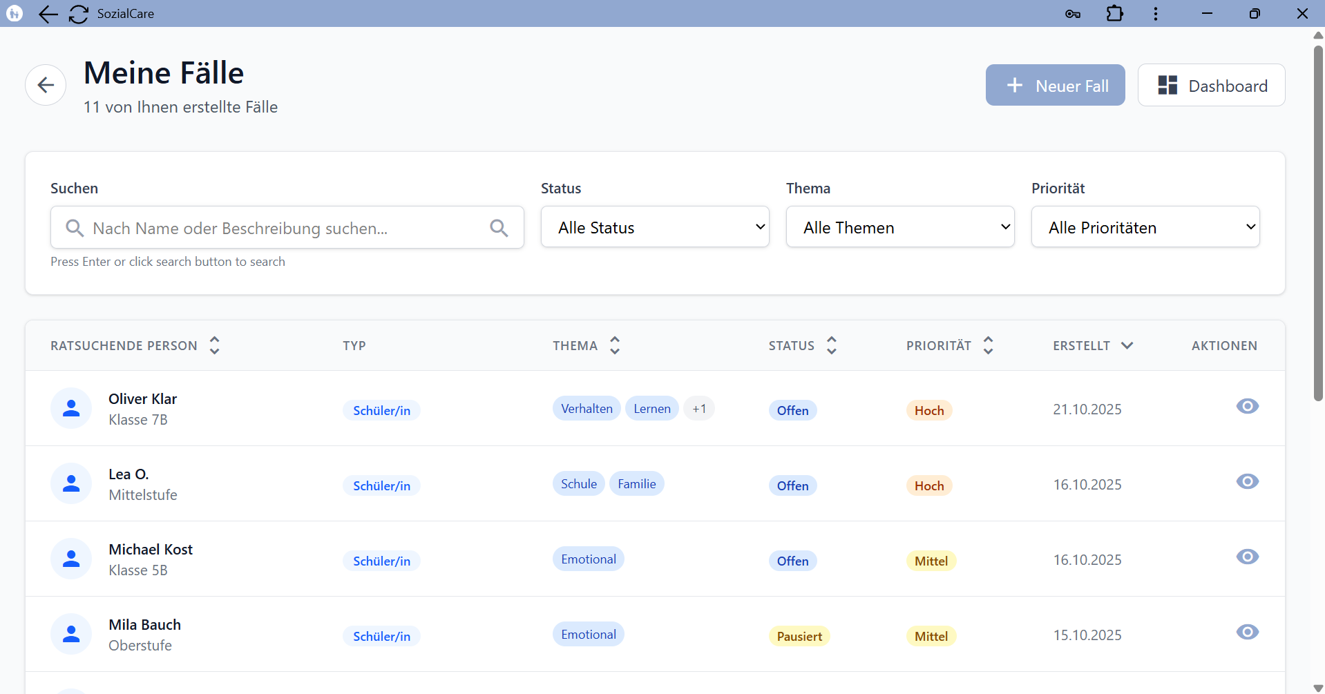 Case list view with all active cases