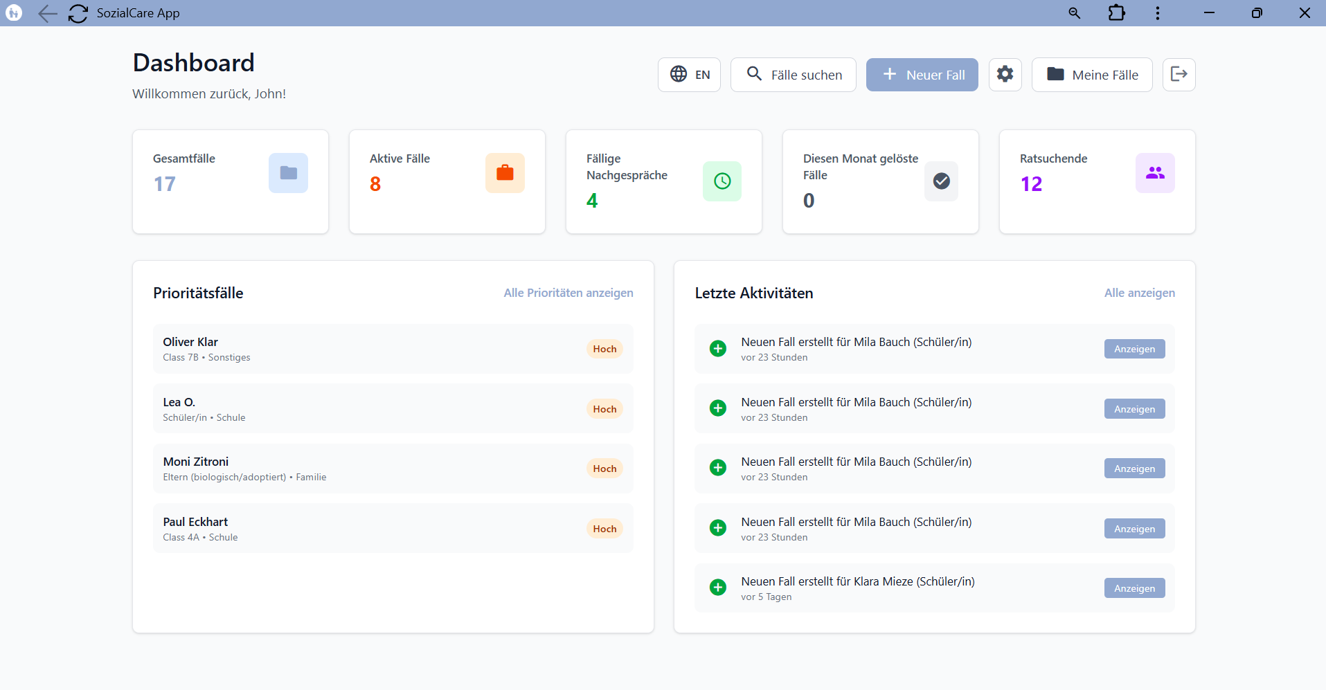 SozialCare dashboard with real-time overview and statistics